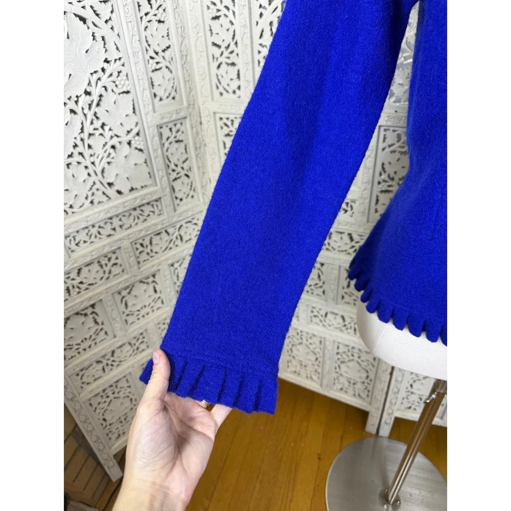 NEW For‎ Cynthia Blue Wool Blazer Cardigan Petite Medium Ruffle Preppy Career